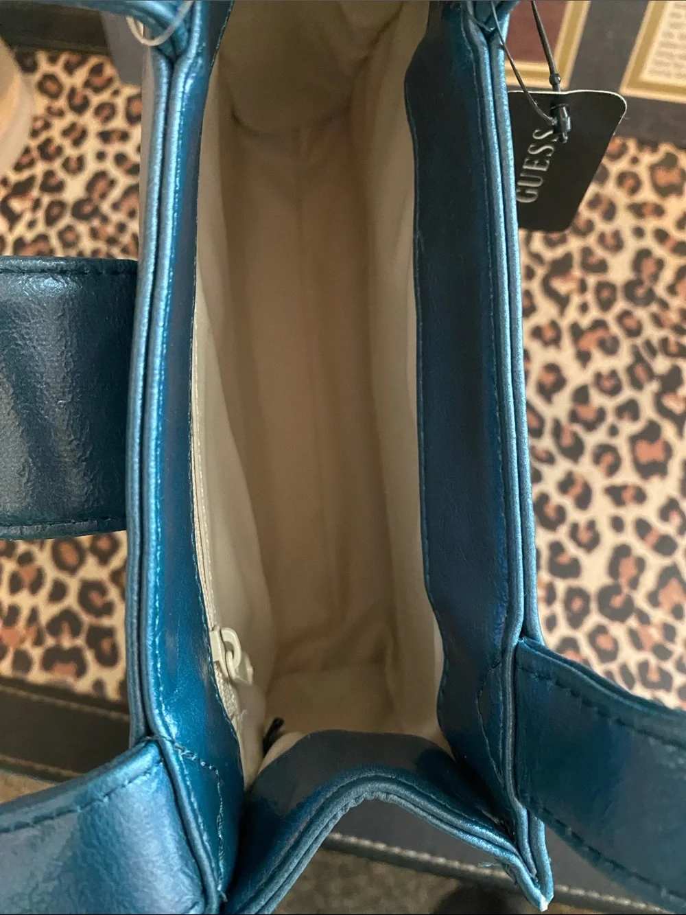GUESS Teal Blue Leather Satchel with Gold-Tone Accent